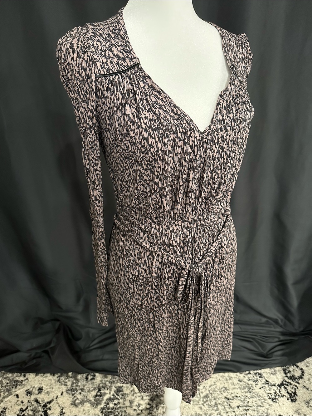 French Connection Mauve and Black Printed Long Sleeve Tie-Waist Dress